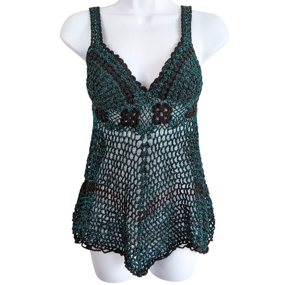 Crochet Black Green Floral Handmade Tank Top Summer Beach Festival
